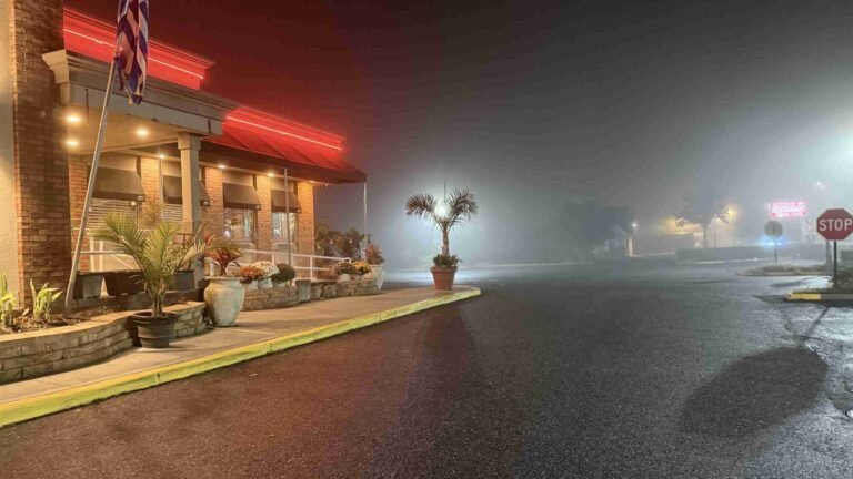 Neon in the Mist: A Foggy Night at Heritage
