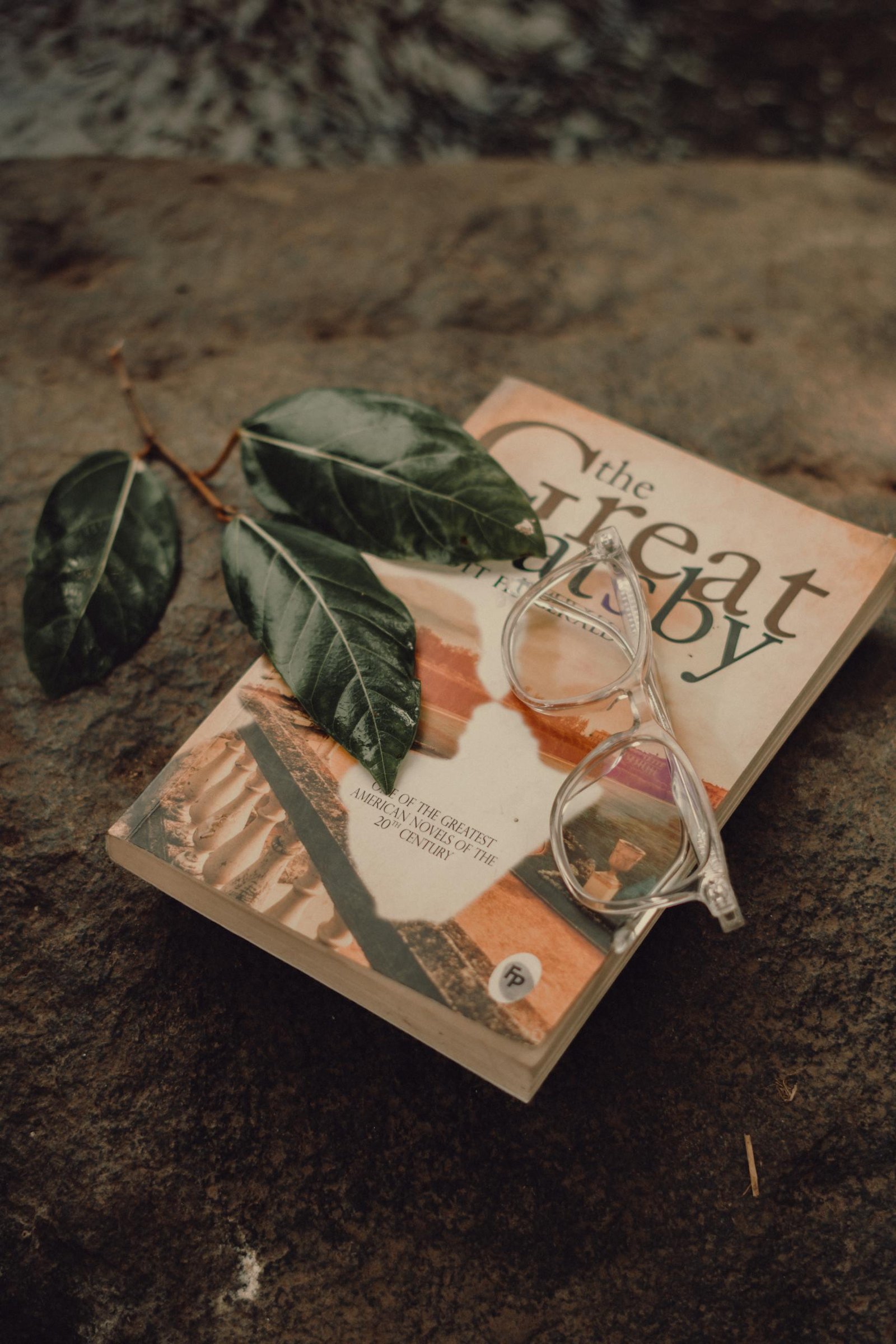 Artistic arrangement of 'The Great Gatsby' book and glasses on stone with leaves, set in a vintage style.