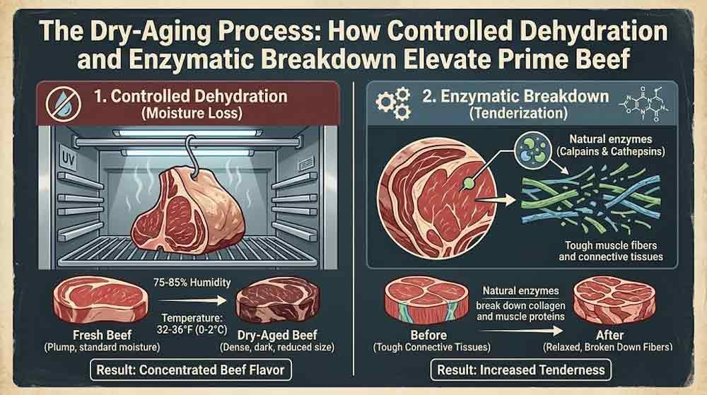 The Dry-Aging Process: How Controlled Dehydration and Enzymatic Breakdown Elevate Prime Beef