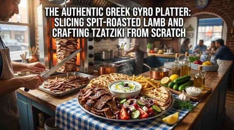 The Authentic Greek Gyro Platter: Slicing Spit-Roasted Lamb and Crafting Tzatziki from Scratch