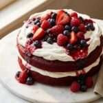 Red Velvet Berry Cake with Fresh Whipped Cream and Mixed Berry Compote