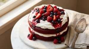 Red Velvet Berry Cake with Fresh Whipped Cream and Mixed Berry Compote