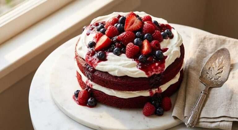 Red Velvet Berry Cake with Fresh Whipped Cream and Mixed Berry Compote