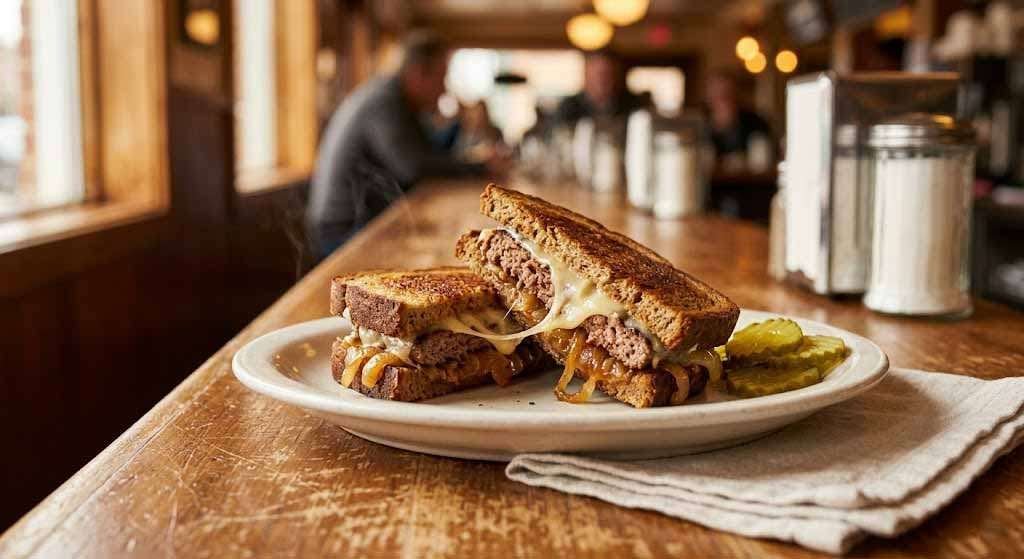 The Classic Patty Melt: Griddled Rye Bread, Swiss Cheese, and Caramelized Onions