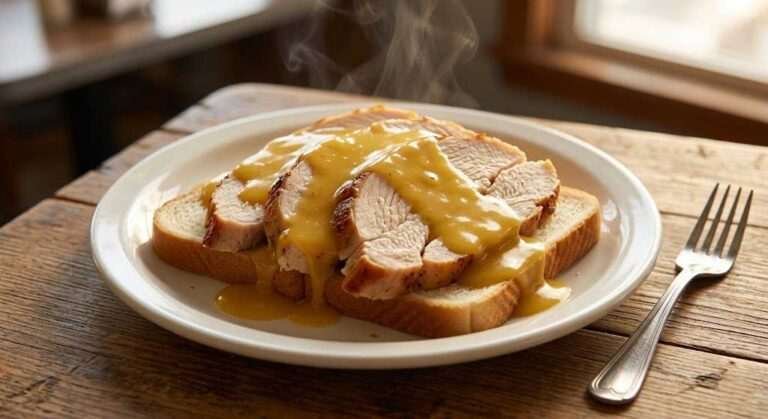 Open-Faced Hot Turkey on White Bread Smothered in Yellow Gravy