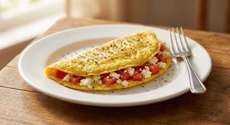 Classic Greek Omelet with Feta, Tomatoes, and Caramelized Onions