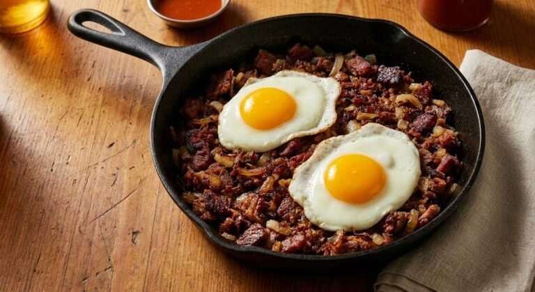 Crispy Griddled Corned Beef Hash with Fried Eggs and Potatoes