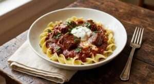 Slow-Simmered Hungarian Beef Goulash Served Over Egg Noodles