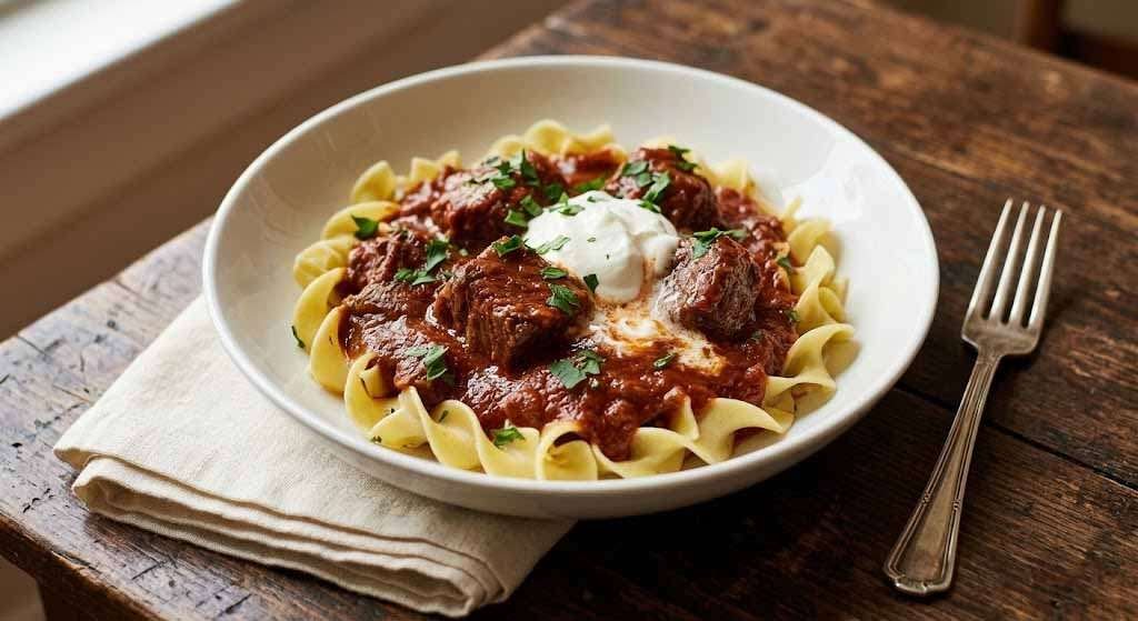 Slow-Simmered Hungarian Beef Goulash Served Over Egg Noodles