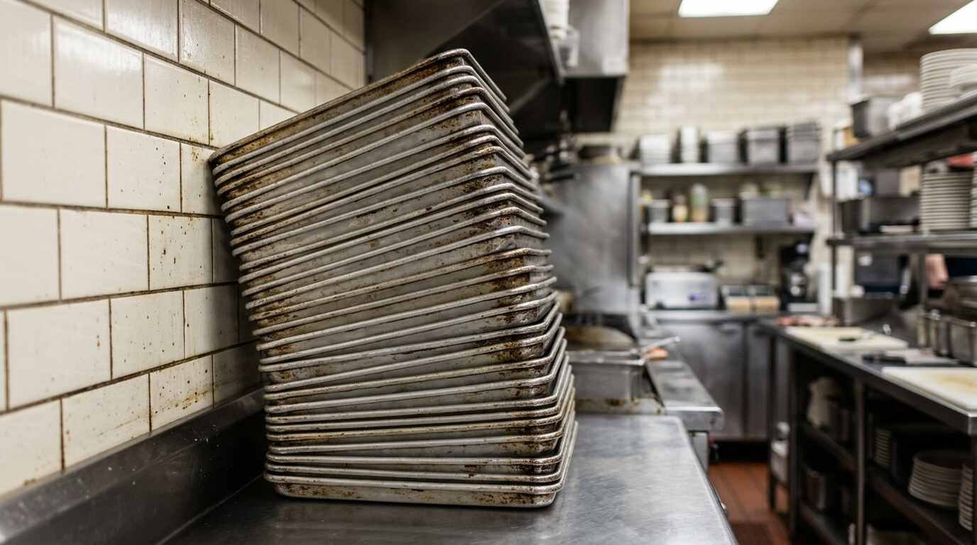 Stack of aluminum half sheet pans against a tiled diner kitchen wall