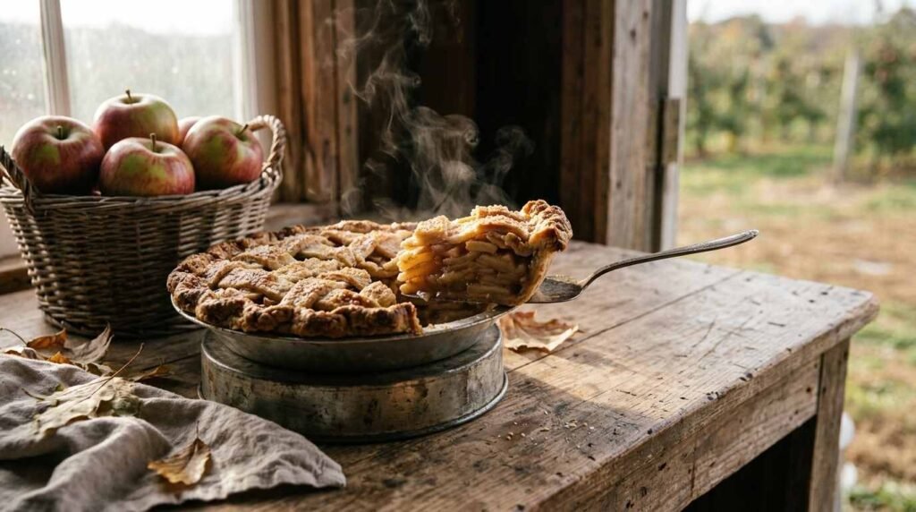 Apple pie slice on counter