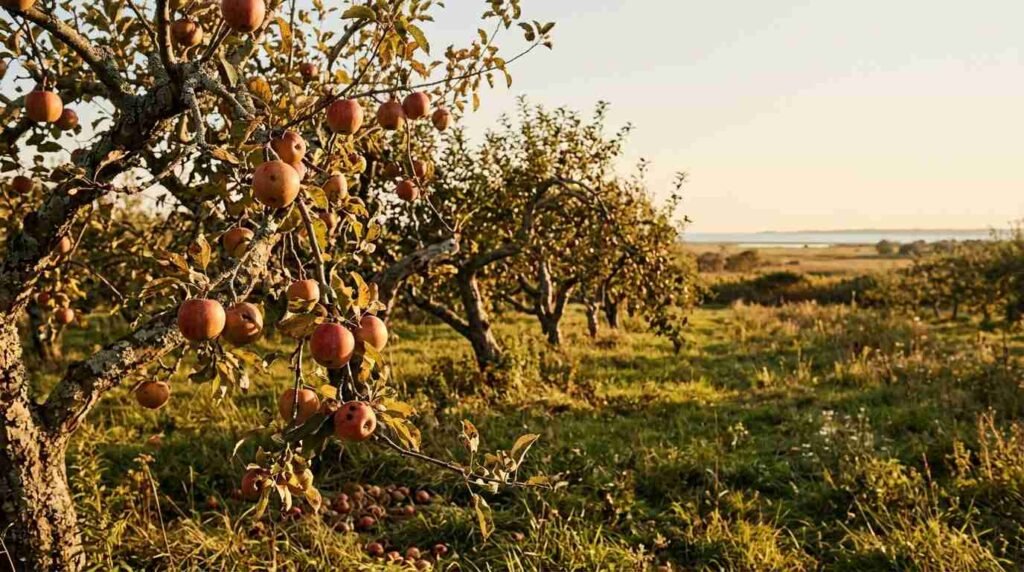 Old apple orchard on the North Fork at golden hour