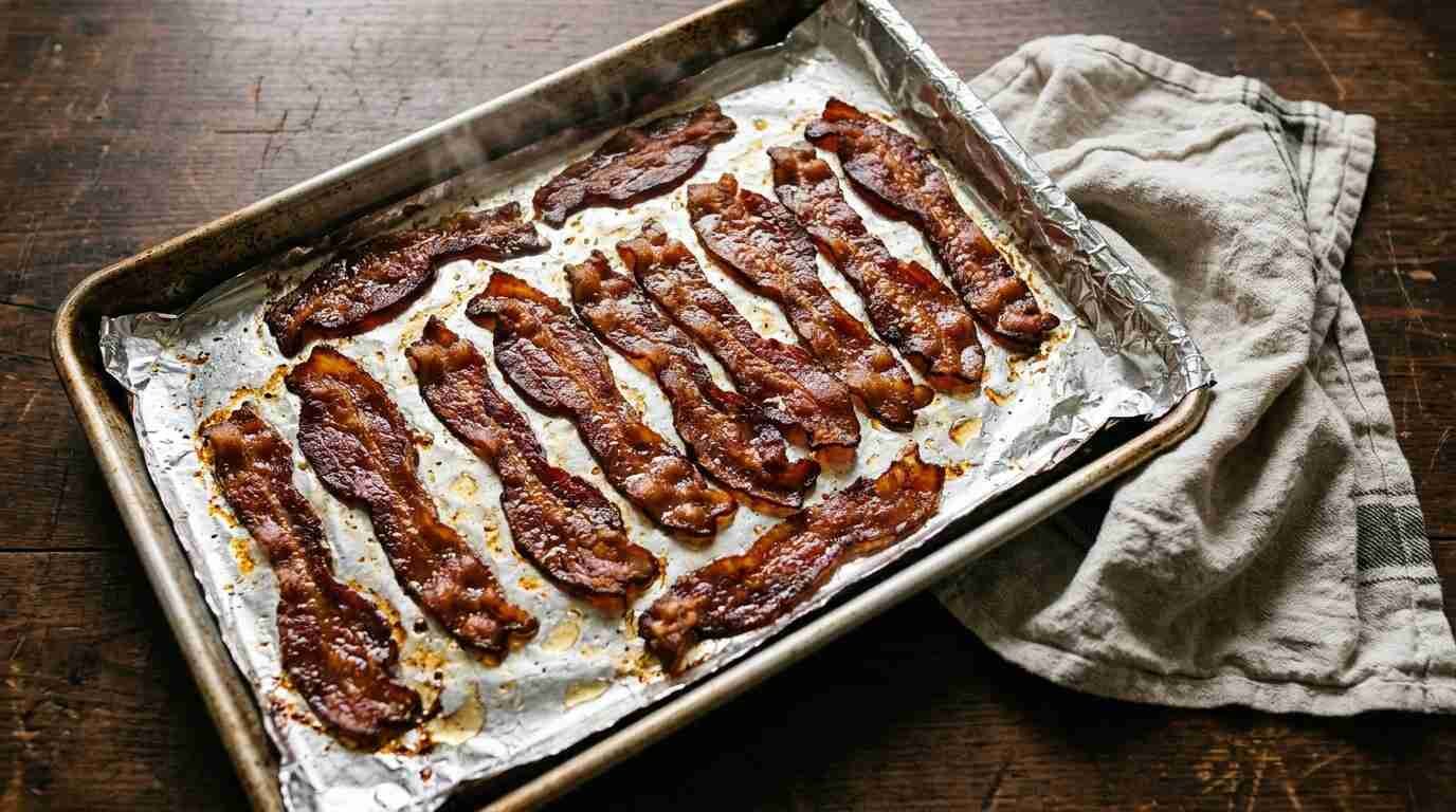 Strips of crisp bacon on a foil-lined sheet pan