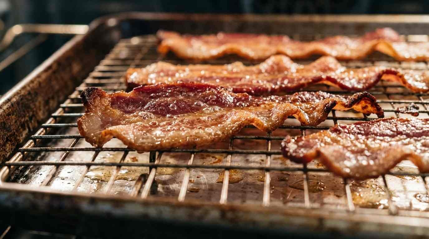 Bacon strips on a wire rack inside a sheet pan