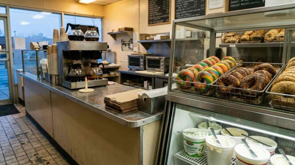 Neighborhood bagel shop counter at dawn