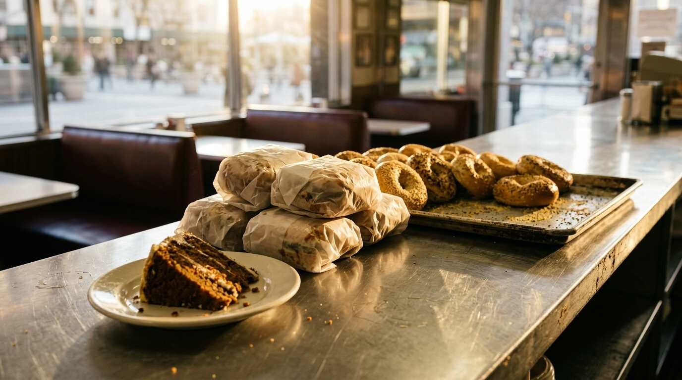 Bagels, sandwiches and layer cake on a New York diner counter