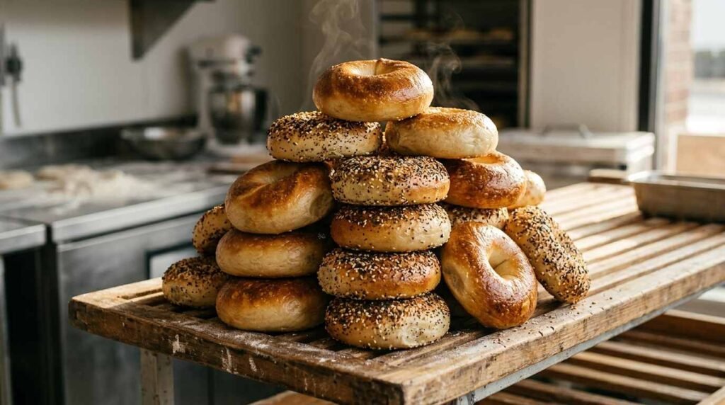 Bagels cooling on bakery rack