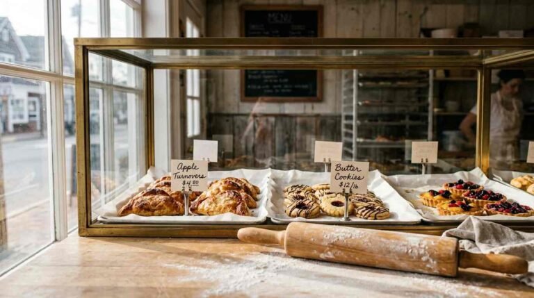 Glass bakery display case filled with turnovers, cookies and fruit tarts beside a rolling pin