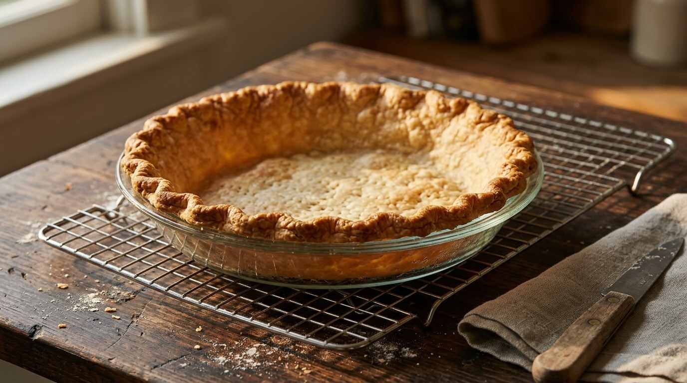 Blind-baked pie crust cooling on a wire rack