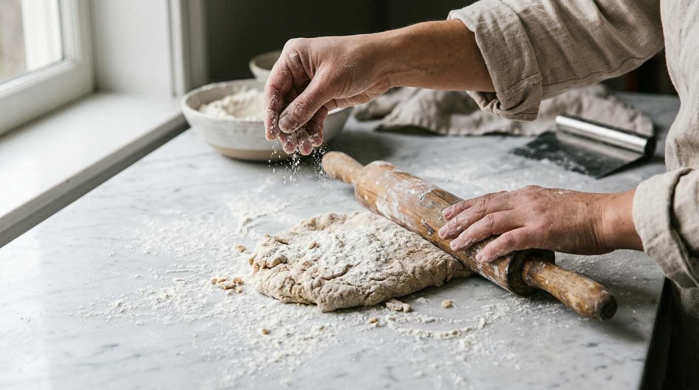 Baker dusting flour and shaping dough with a wooden rolling pin