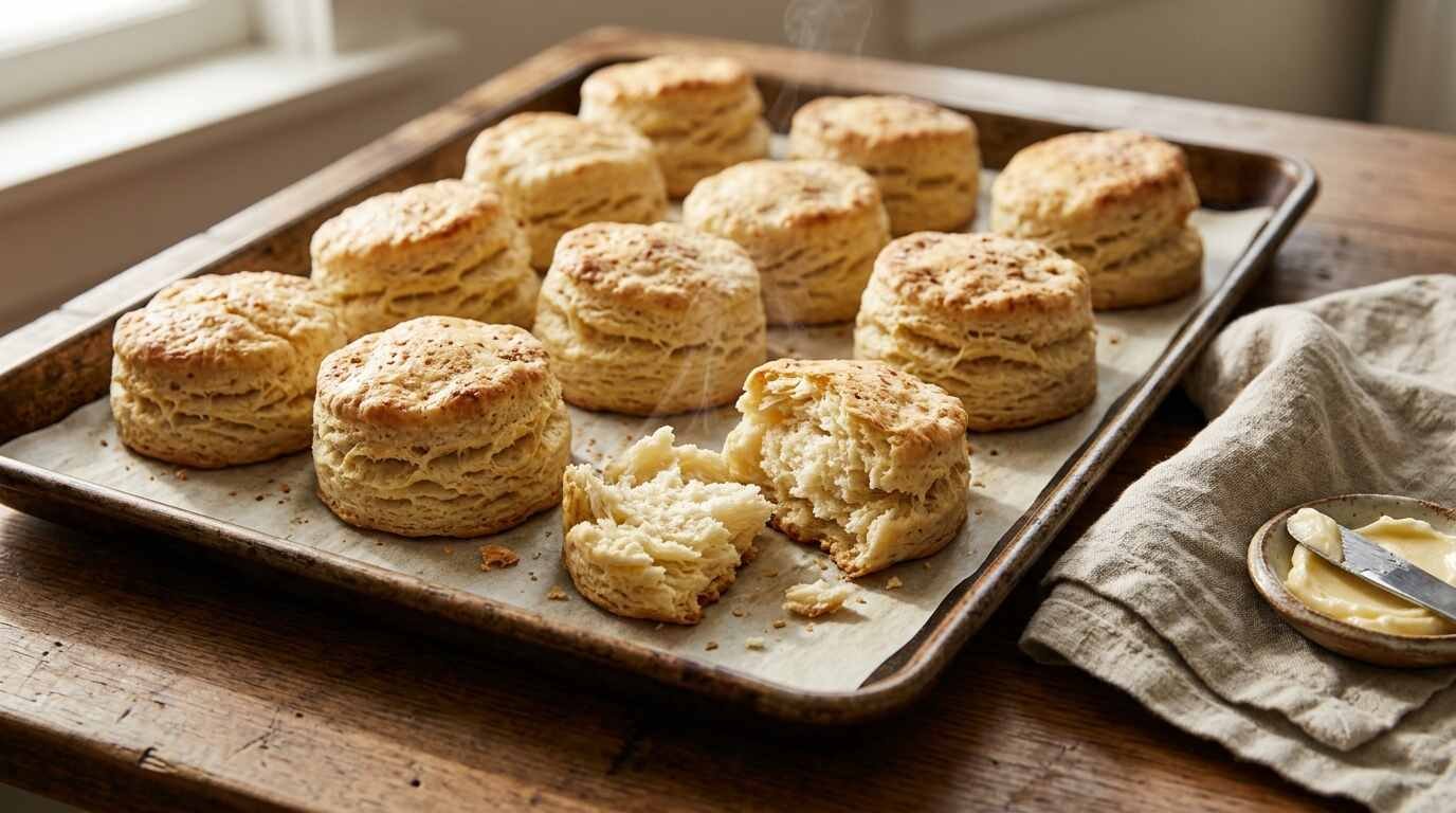 Baking sheet of tall buttermilk biscuits with one broken open