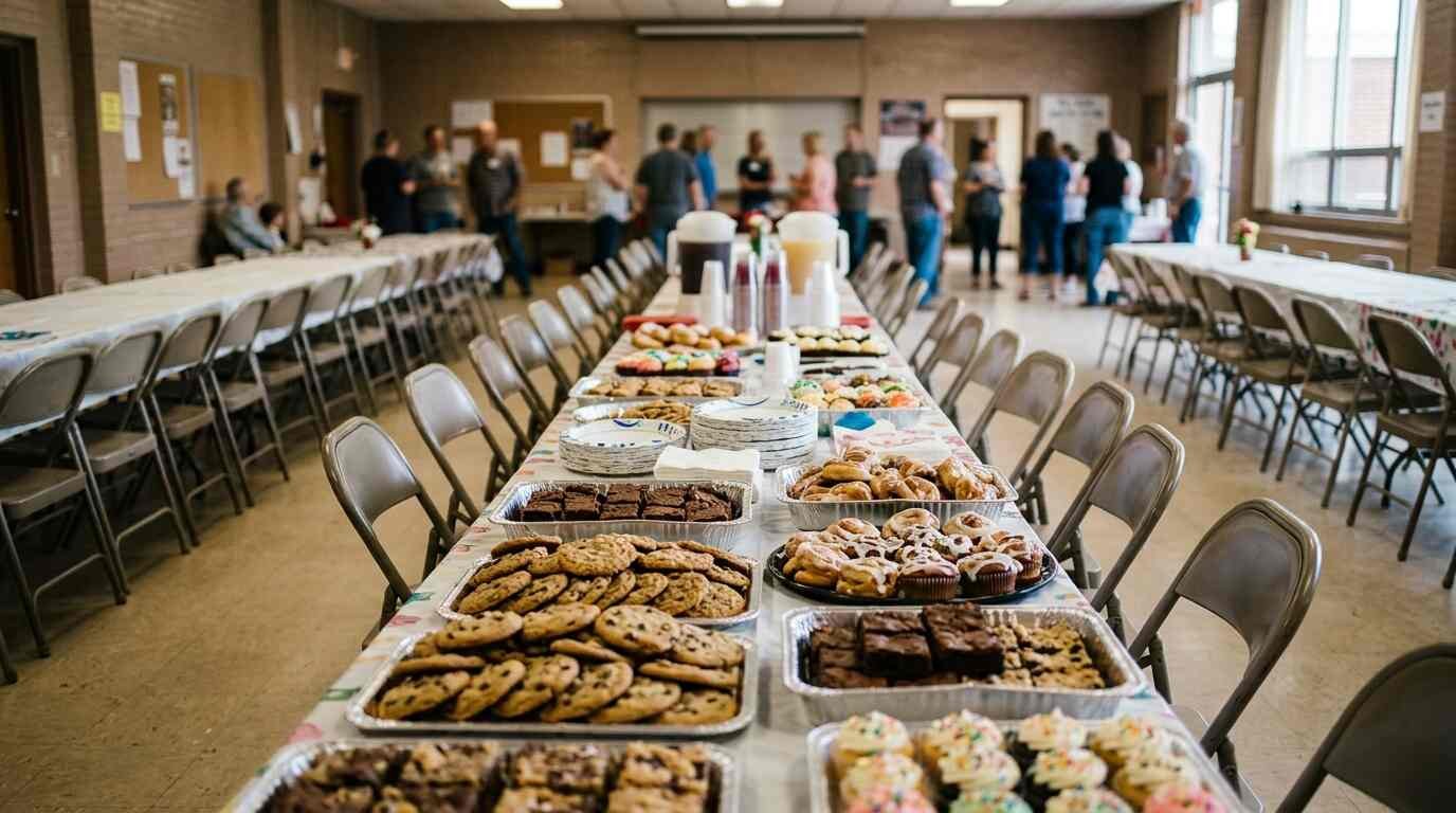 Banquet table of assorted cookies and pastries set for a reunion gathering