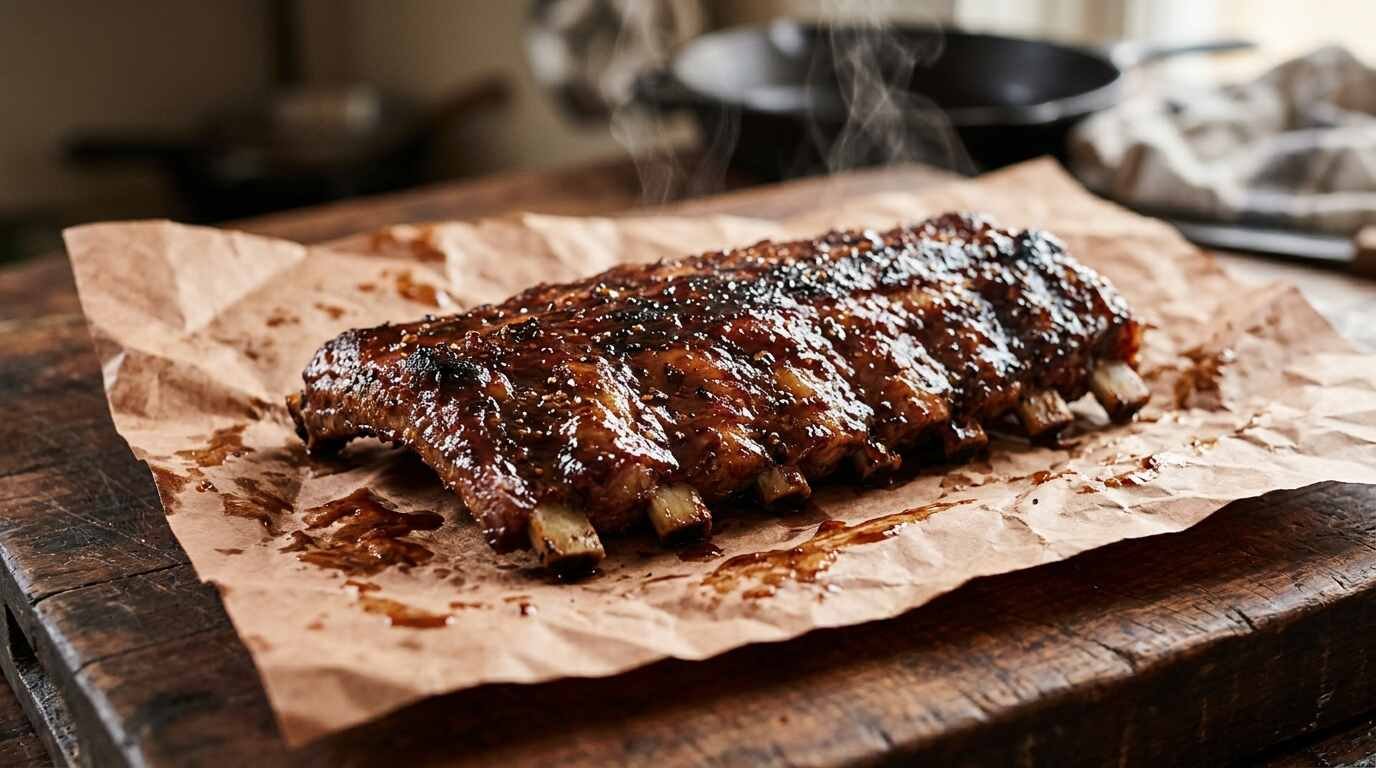 Glazed barbecue pork ribs resting on butcher paper on a wooden counter