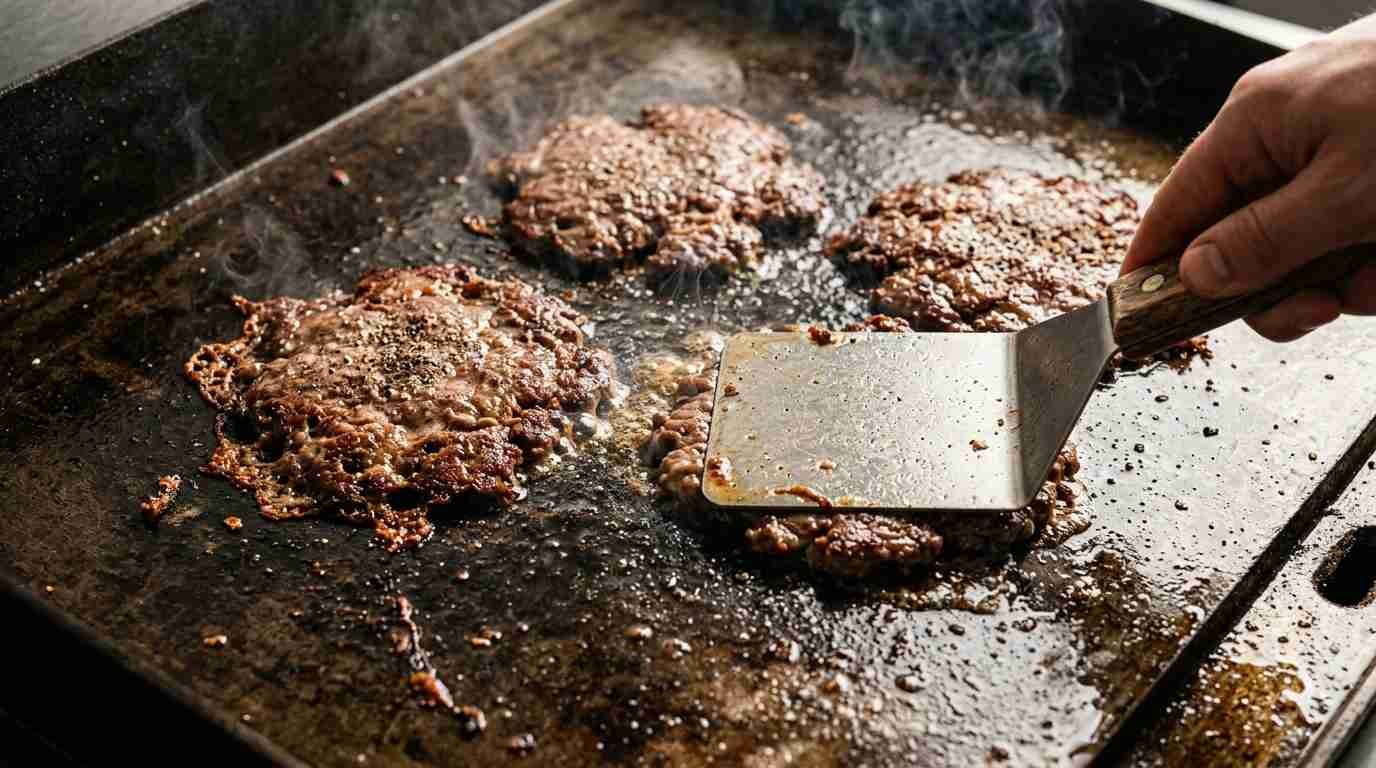 Smashed beef patties cooking on a cast iron griddle