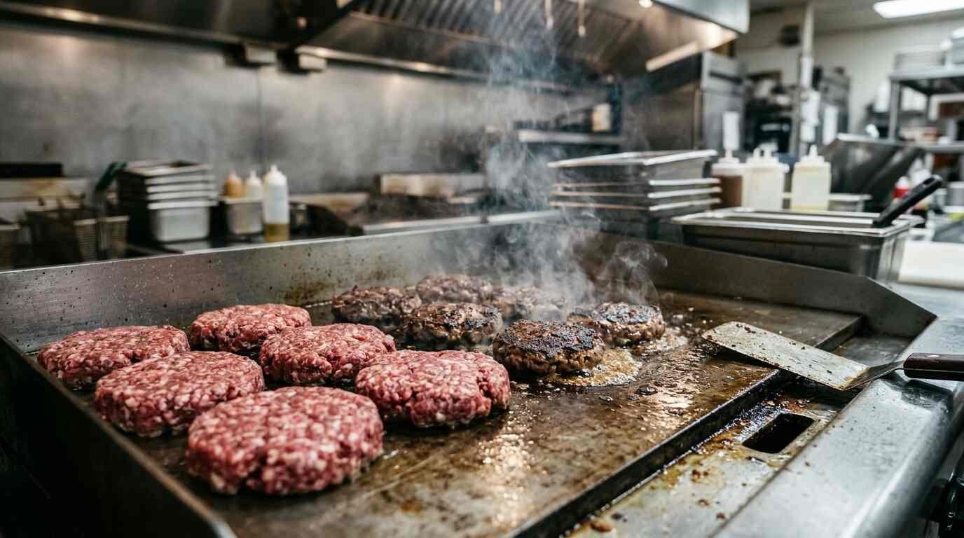Fresh beef patties sizzling on a stainless steel flat-top grill