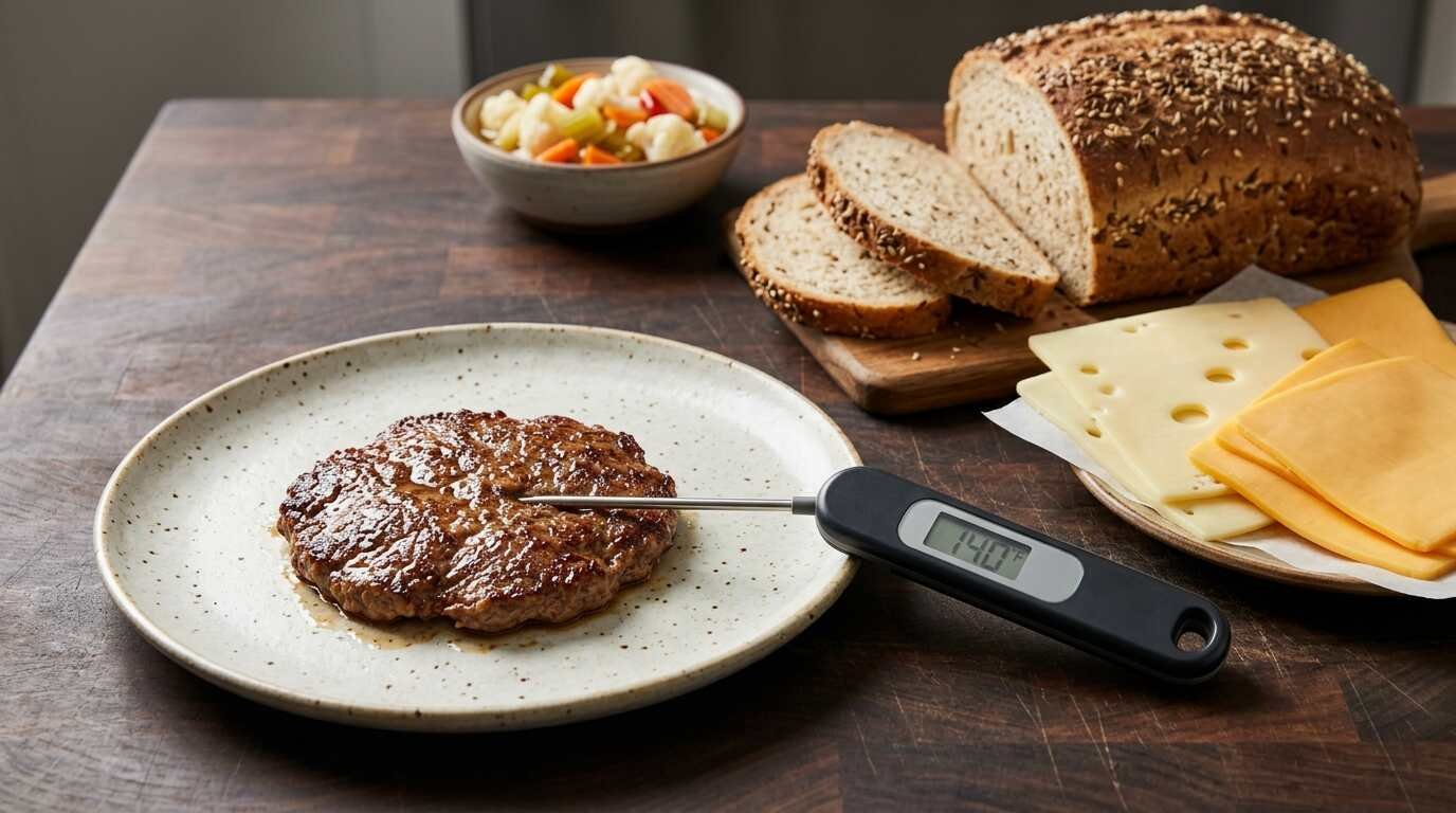 Seared beef patty with a digital thermometer beside rye, cheese and giardiniera