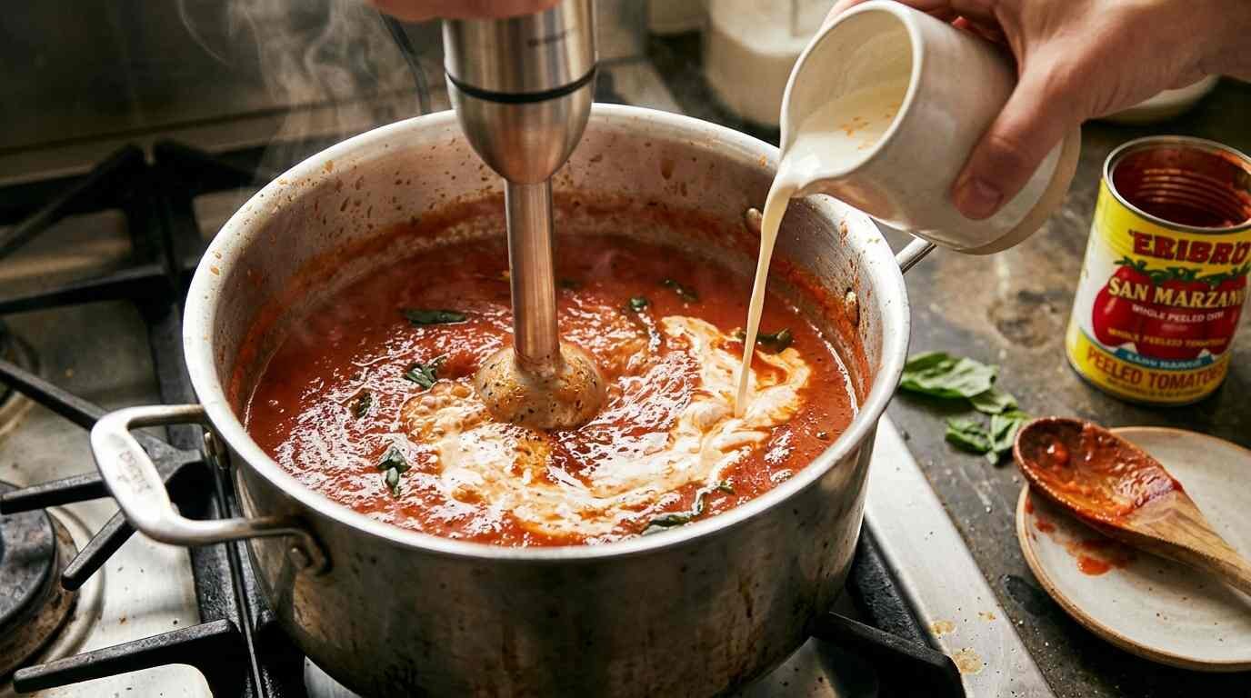 Tomato soup being blended smooth in a stainless pot