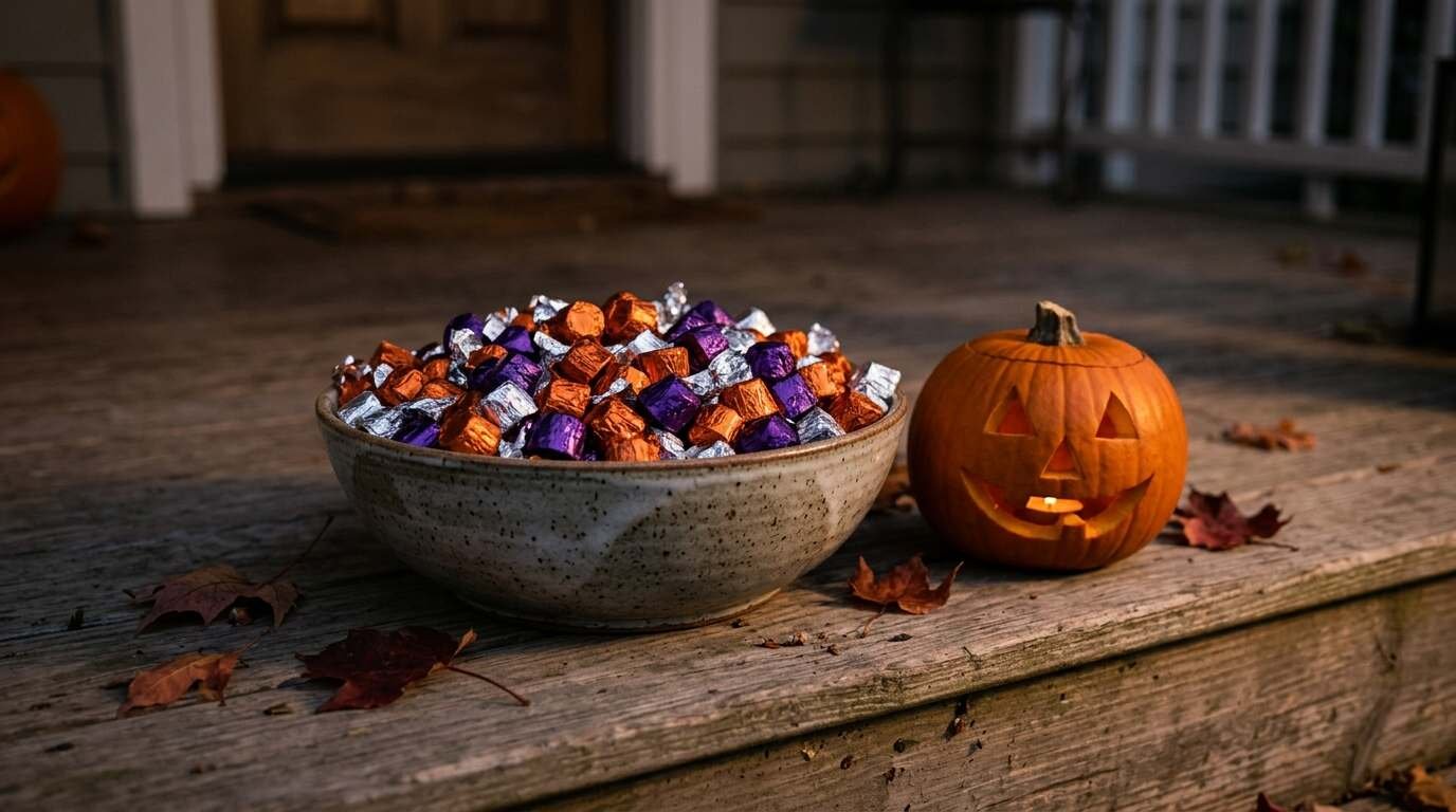 Ceramic bowl heaped with candies in plain orange, purple and silver foil wrappers beside a small carved pumpkin on a wooden porch step
