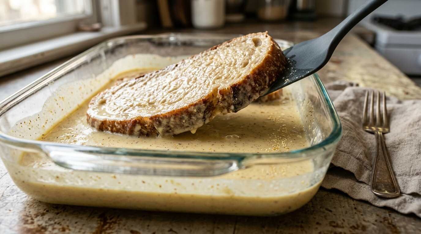 A thick slice turned in custard in a glass dish