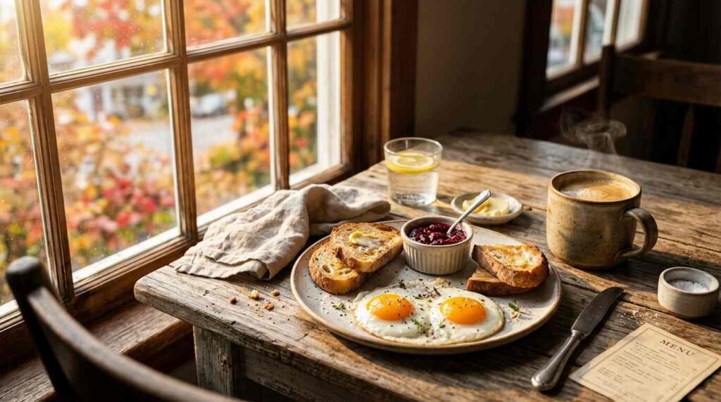 Sunlit window breakfast table with eggs, toast and local jam