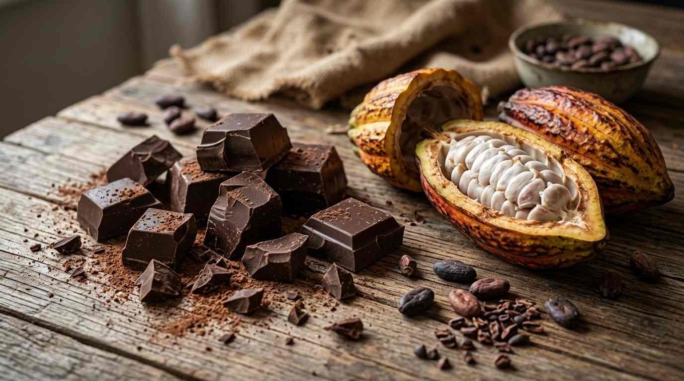 Broken pieces of dark chocolate beside split cocoa pods and beans on a rustic wooden table