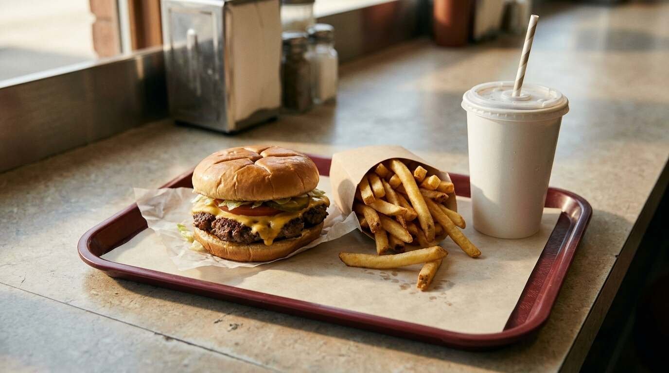 A cheeseburger, fries and a paper cup on a tray on a diner counter