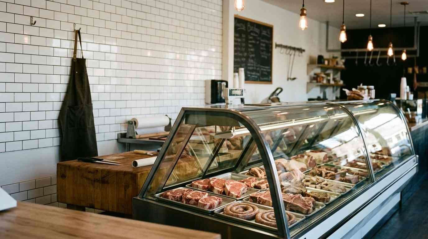 Neighborhood butcher shop interior with a glass display case of steaks and house-made sausage