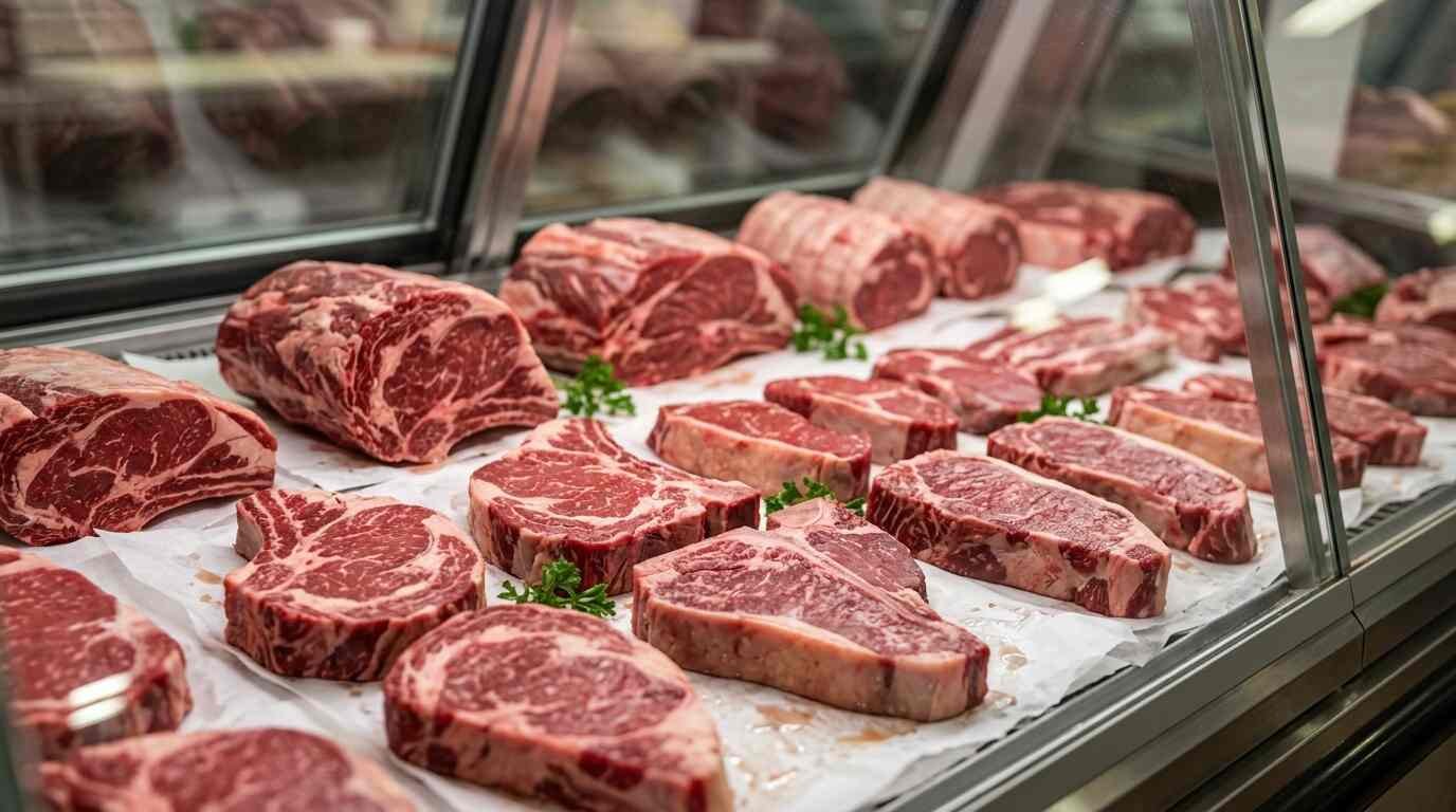 Fresh beef steaks and roasts in a butcher shop display case