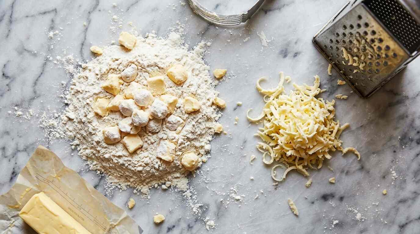 Pea-sized and grated frozen butter worked into flour on a marble counter