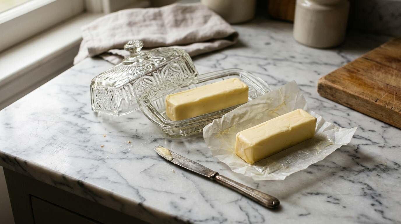 Two sticks of butter and a glass butter dish on a marble kitchen counter