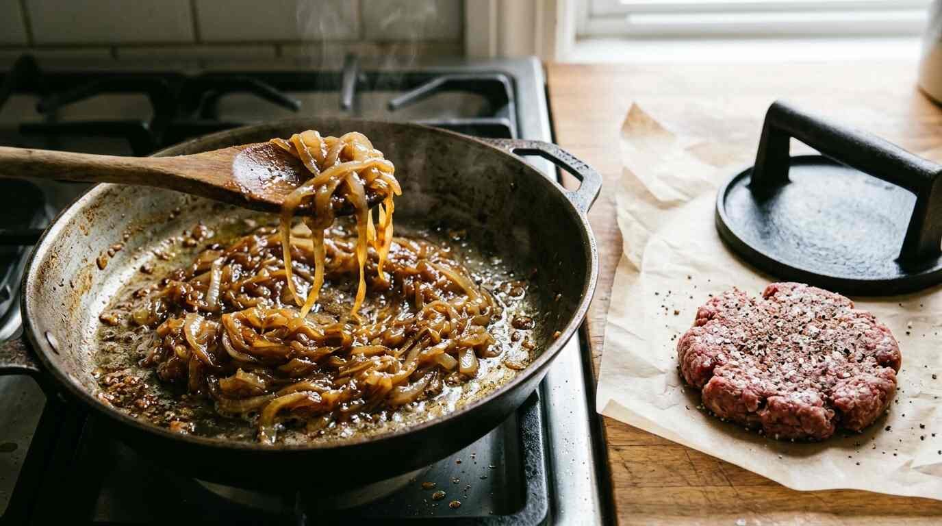 Deeply caramelized onions in a skillet with a burger press and raw patty