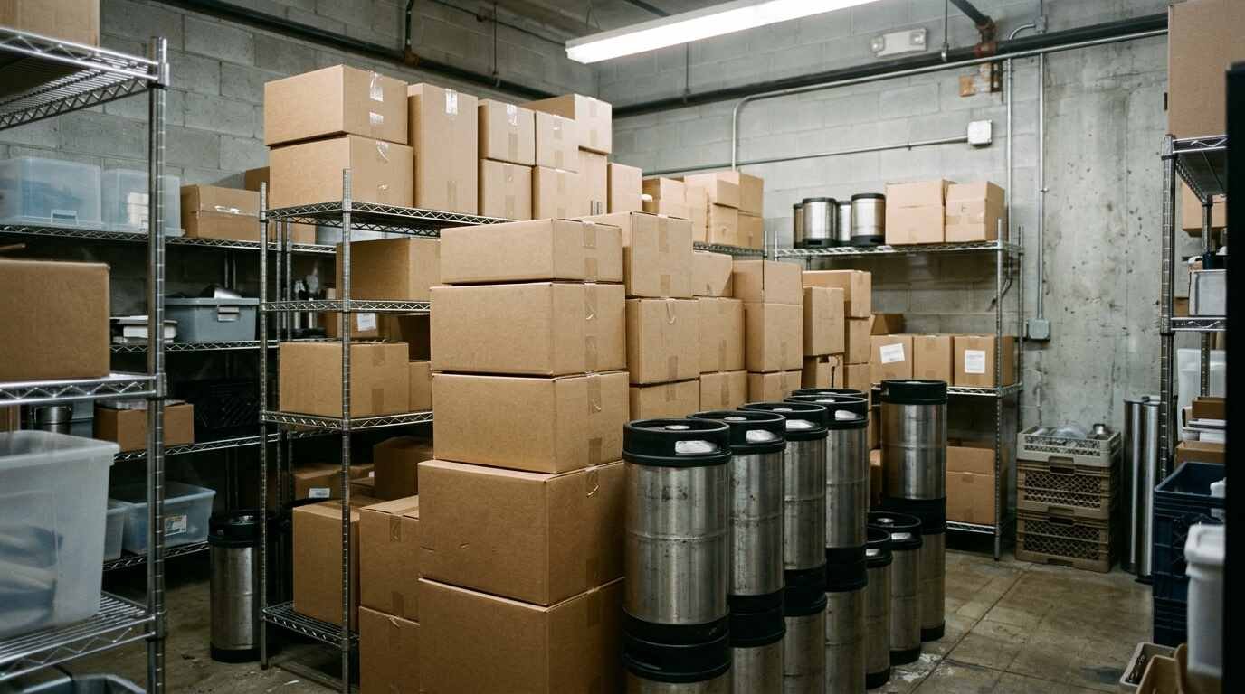 Stacked cardboard boxes and steel syrup canisters on metal shelving in a restaurant back-of-house storeroom