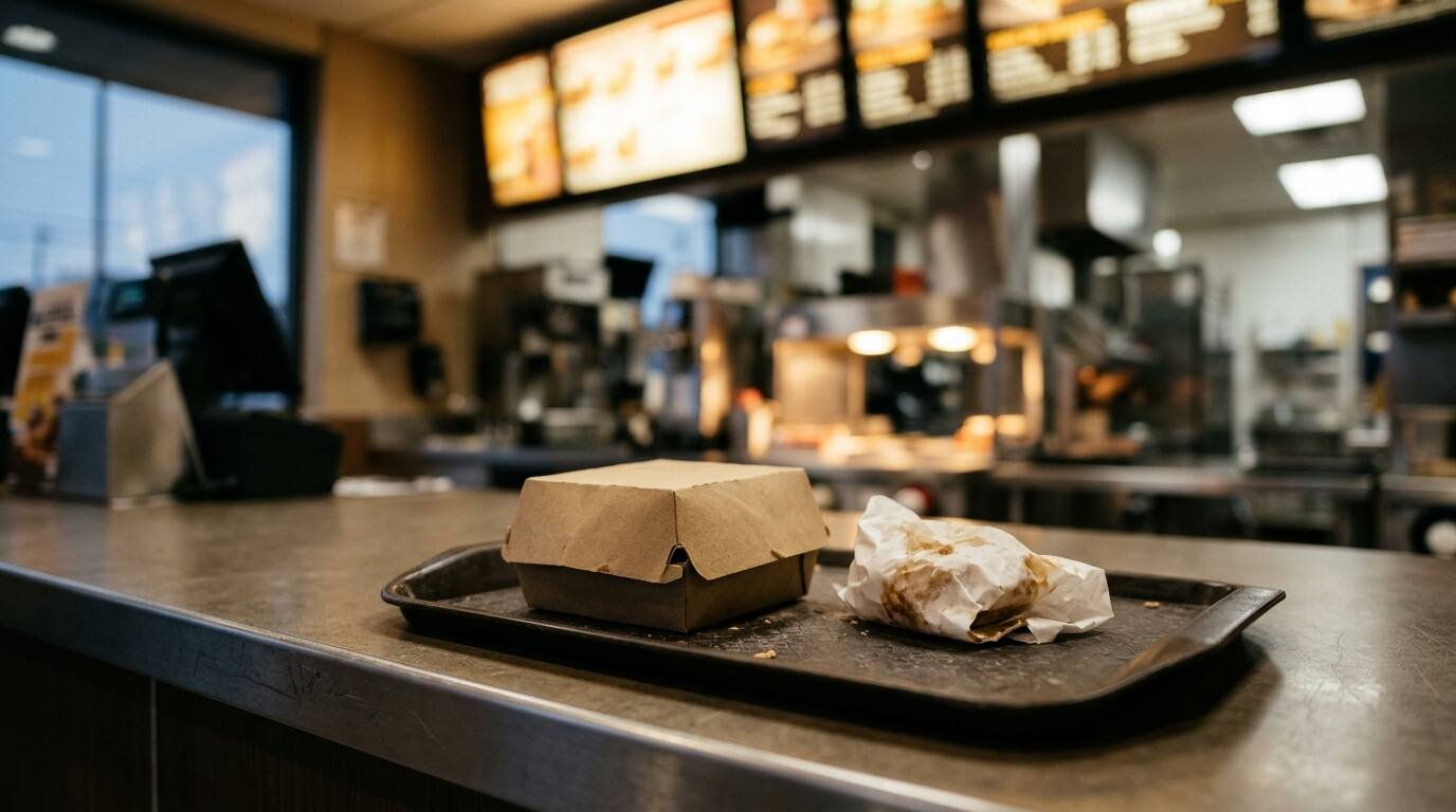 Cardboard sandwich box and paper wrapper on a tray at a fast-food counter