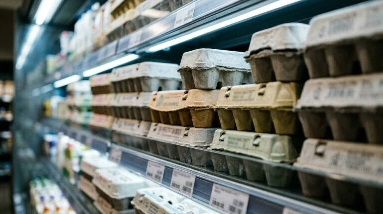 Cartons of eggs stacked on a bright refrigerated supermarket shelf