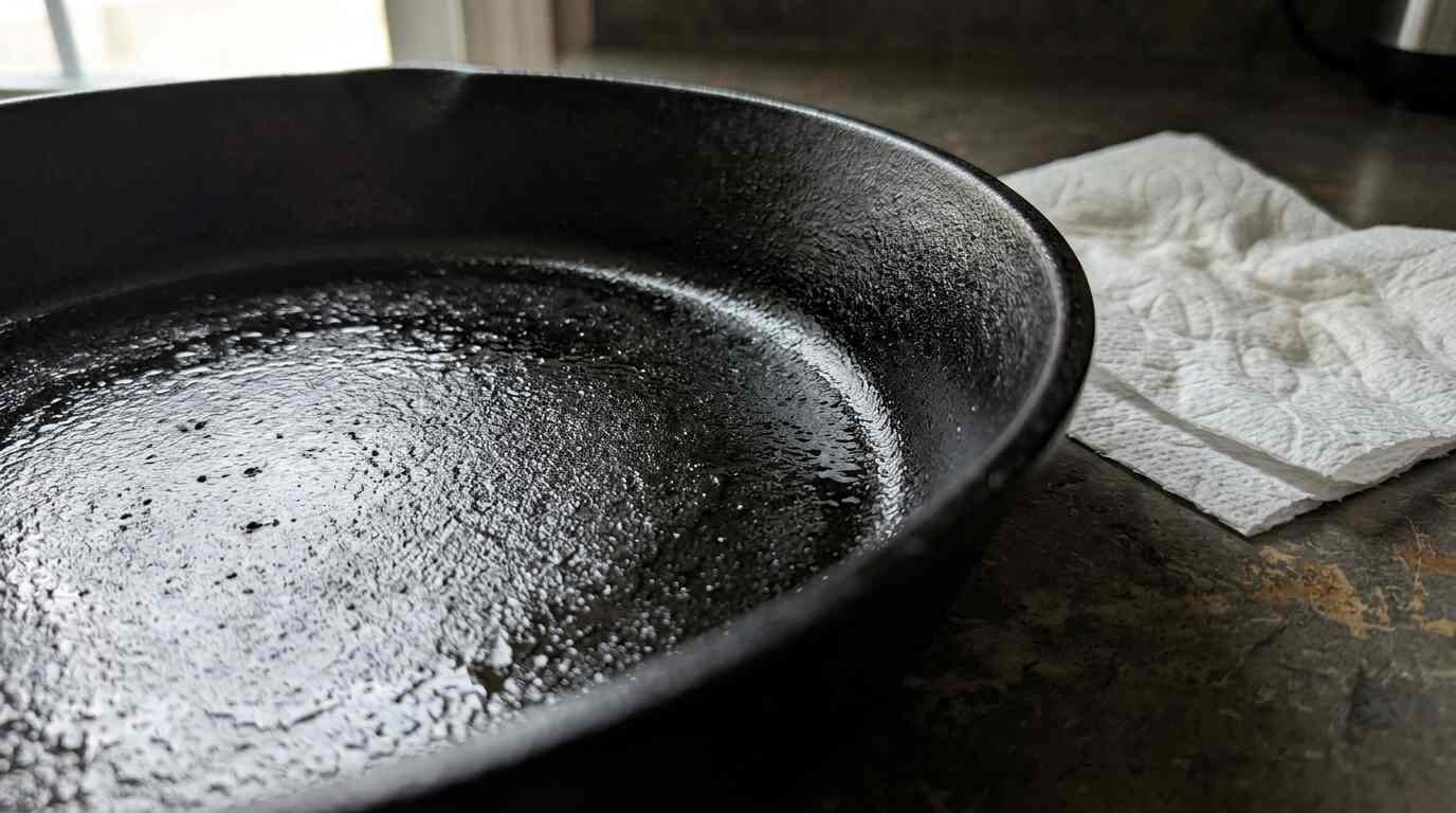 Seasoned cast iron skillet surface with oil and a paper towel