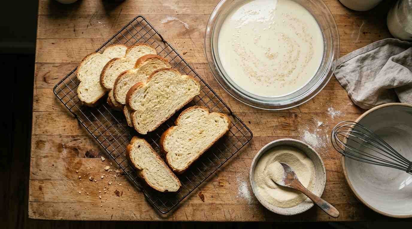 Challah slices drying on a rack before soaking