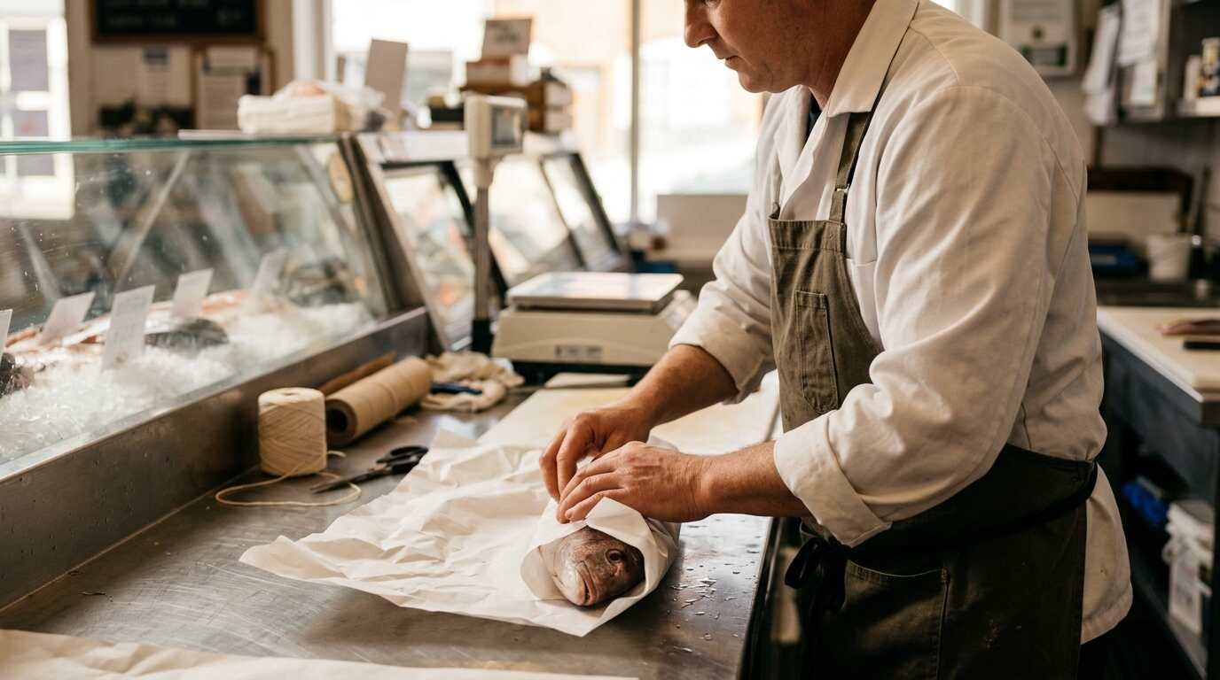 Fishmonger wrapping a fish order in white butcher paper at the counter