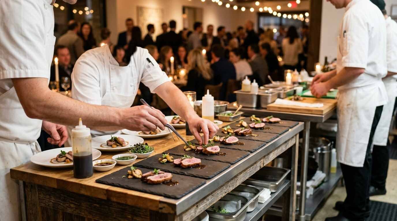 Chefs plating duck at a tasting station featuring Crescent Duck