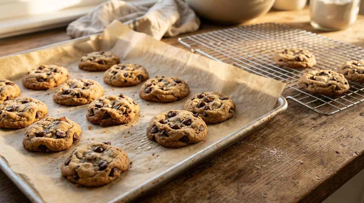 Cookies cooling on a parchment-lined aluminum baking sheet