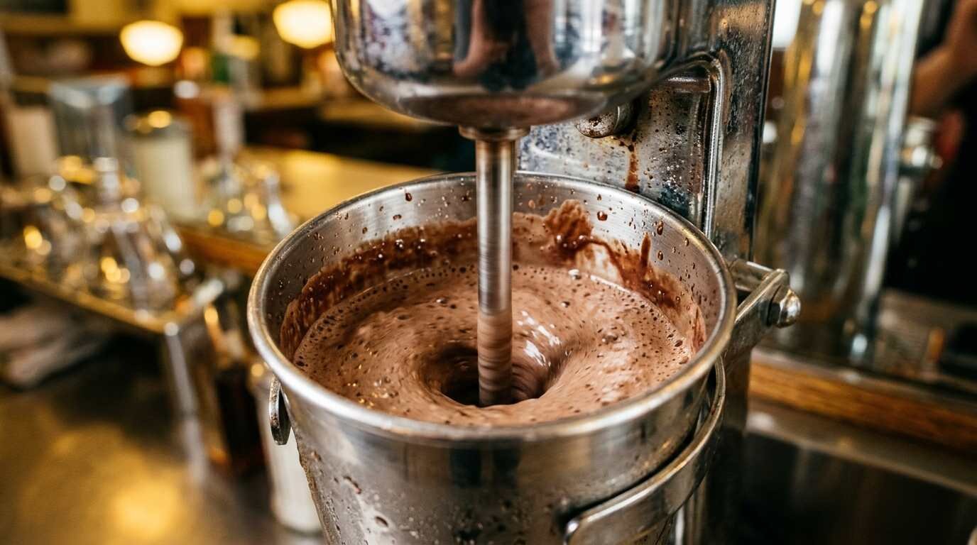 Single-spindle mixer blending a chocolate shake in a steel cup